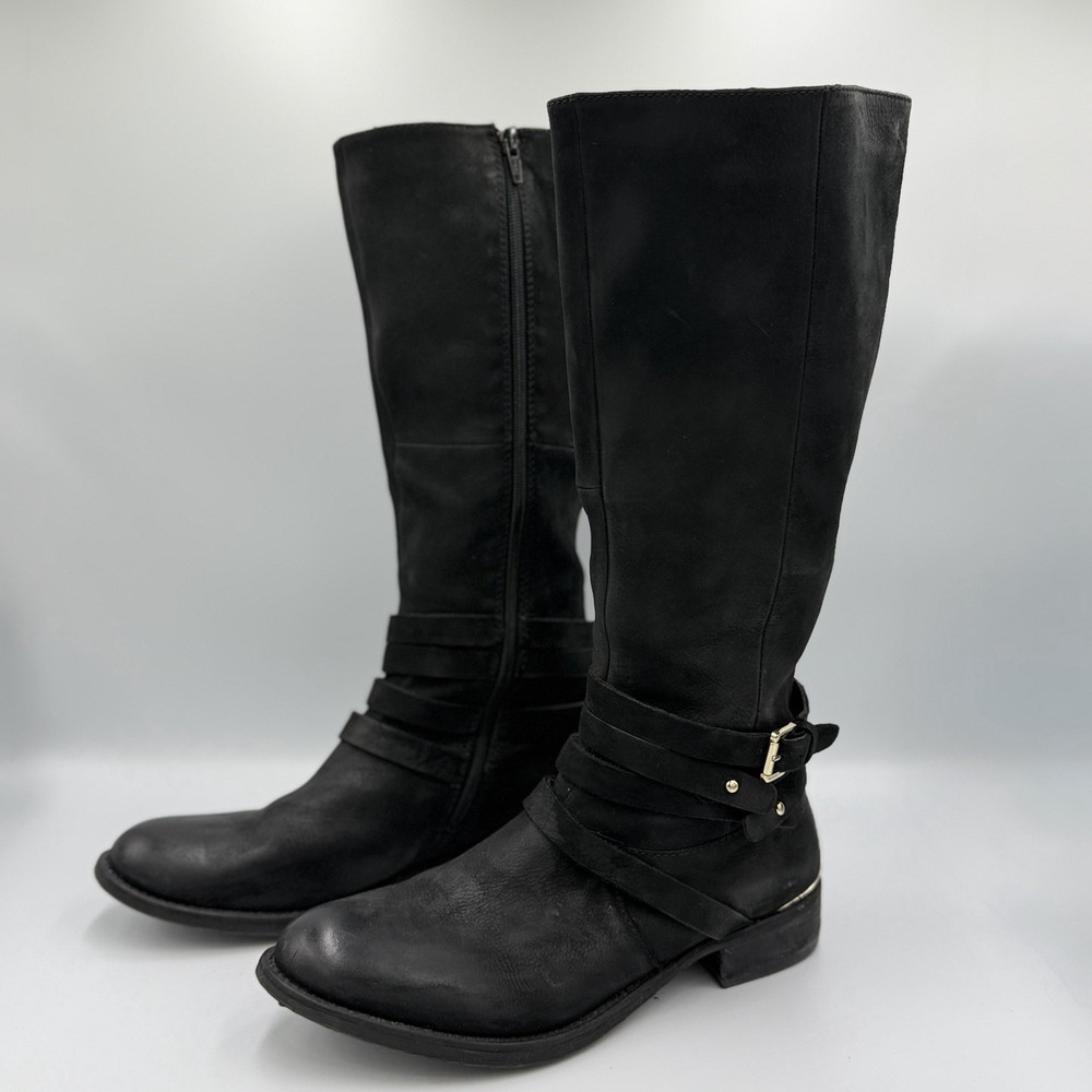 Womens Black Leather Riding Boots‎ Gold Buckle Moto Knee High Zip Combat Chic 10